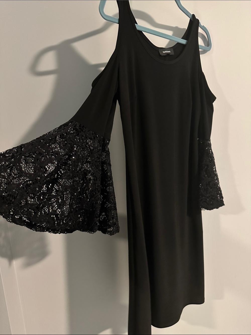 R & M Richards Black Cold-Shoulder Midi Dress with Lace Bell Sleeves